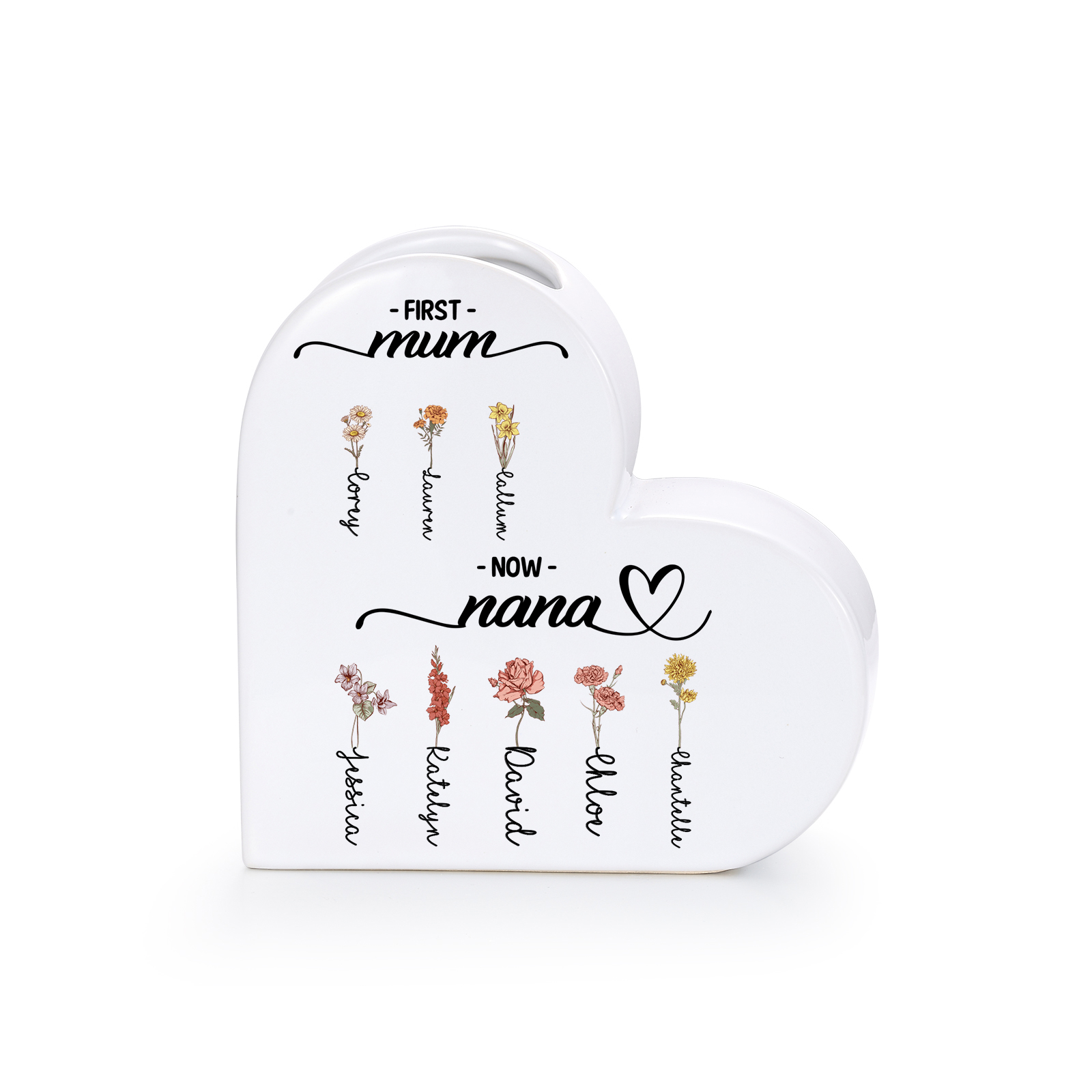 Personalised Ceramic Heart Vase with 2–12 Birth Flowers and Names