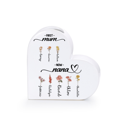 Personalised Ceramic Heart Vase with 2–12 Birth Flowers and Names