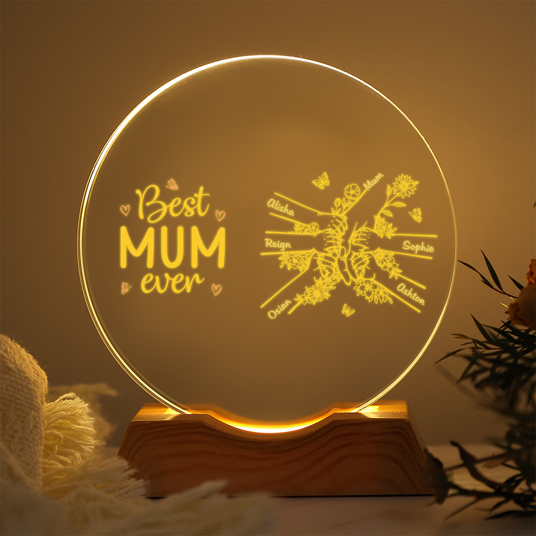Personalised 2-7 Names Crystal LED Best Mum Ever Round Night Light