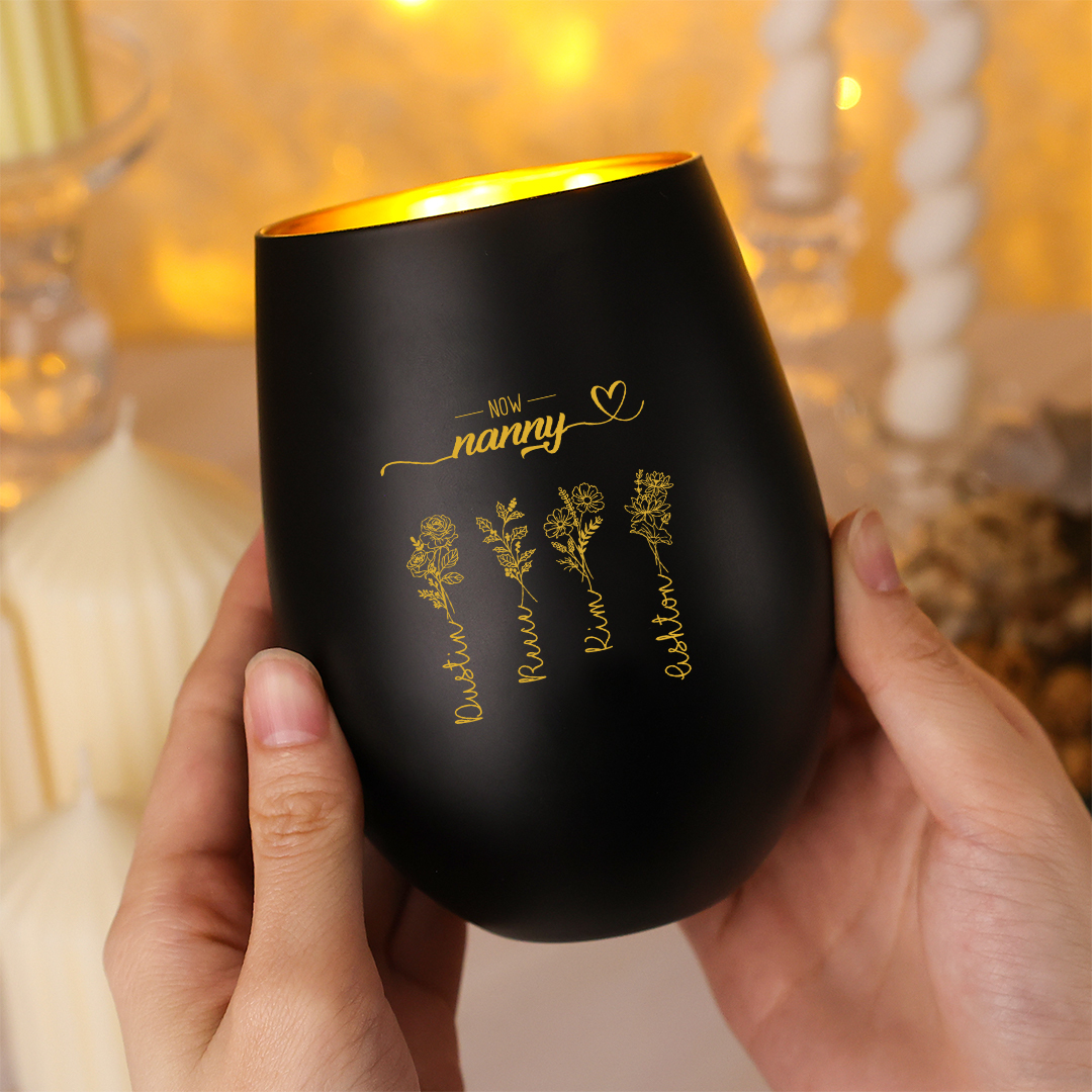 Personalized Glass Candle Holder with 2–10 birth flowers and names for mum/grandma