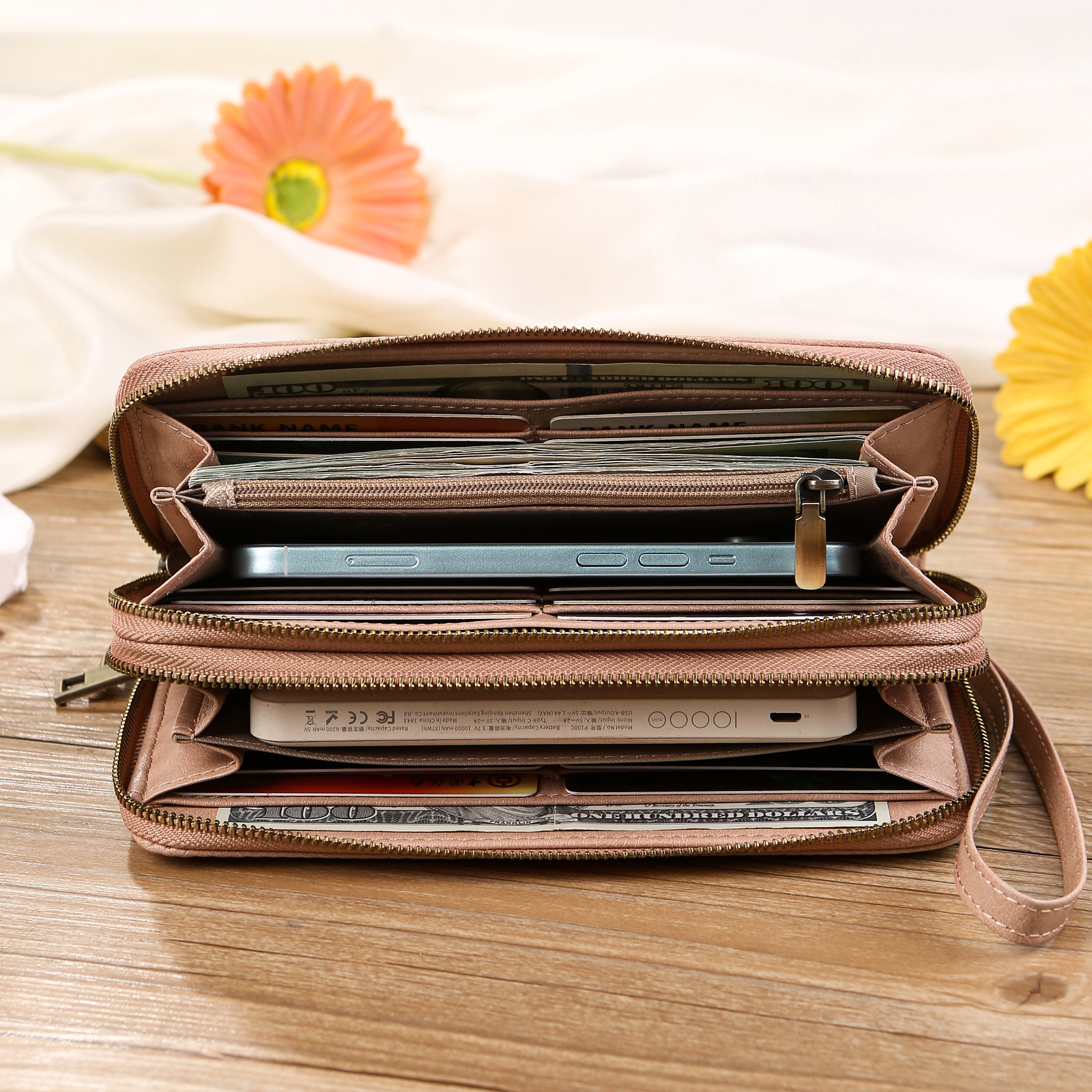 Personalised women's wallet – engraved birth flower and name, double zip, wrist strap