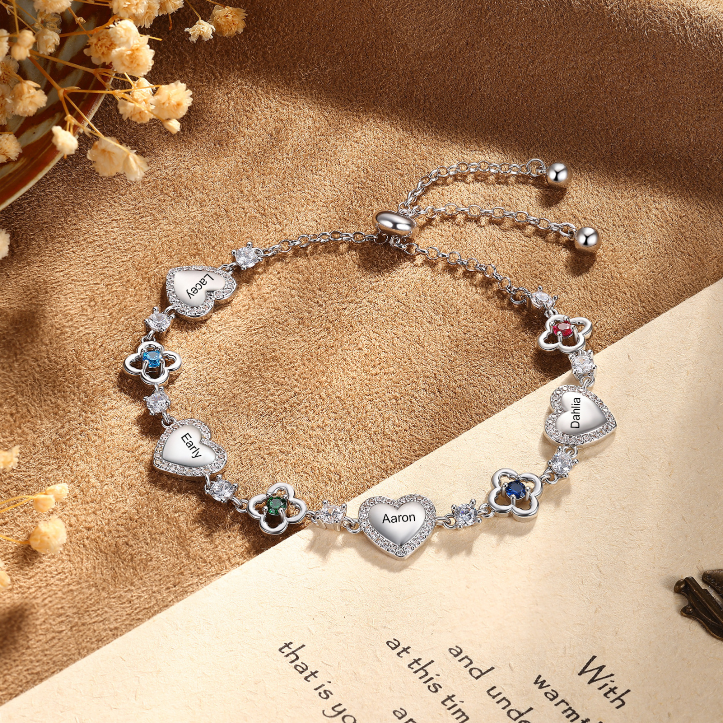 Personalised Birthstone Bracelet with Heart and Flowers, Customised with 2–5 Names and Stones