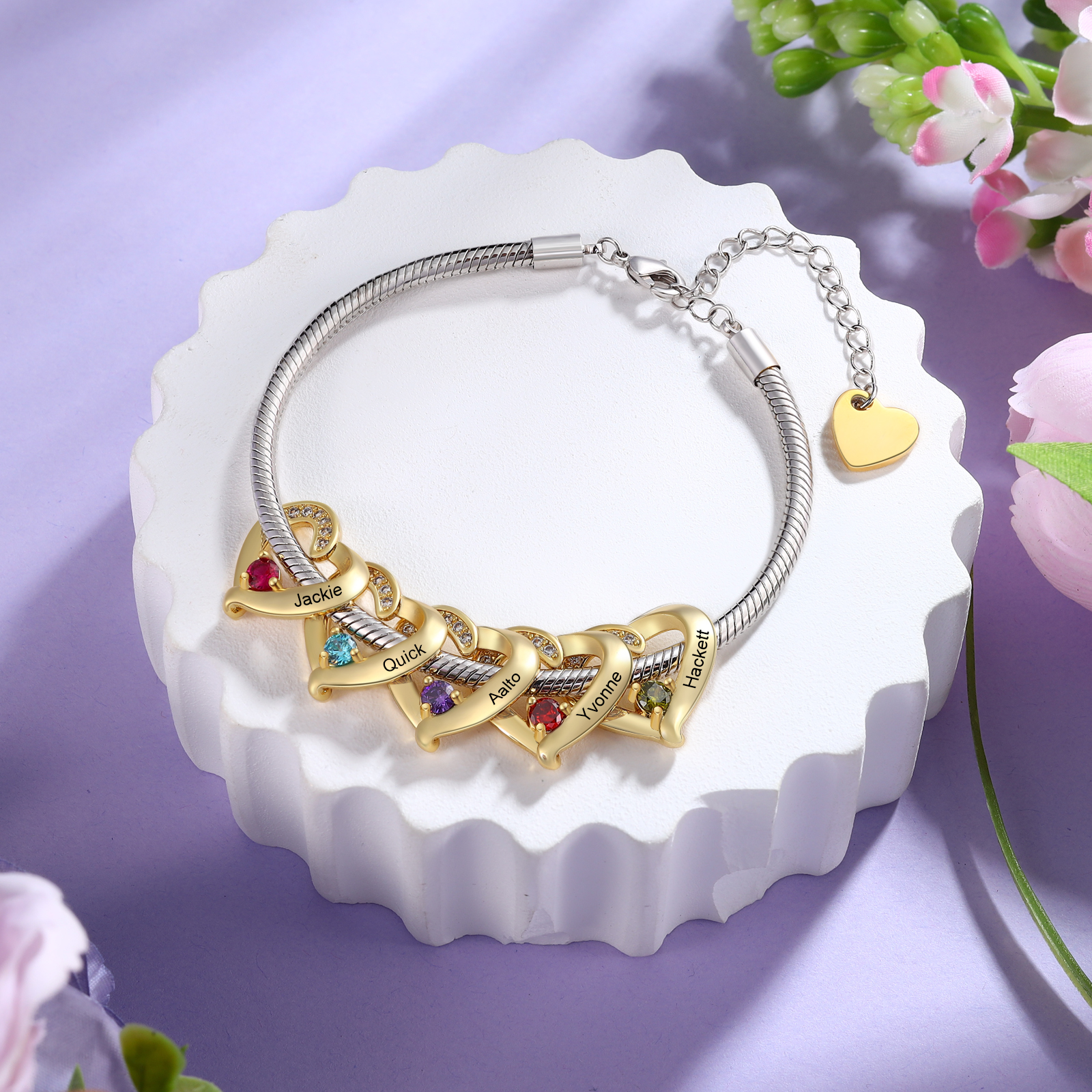 Personalised Bracelet with 1-5 Names and Birthstones Heart Bracelet for Women | Jessemade