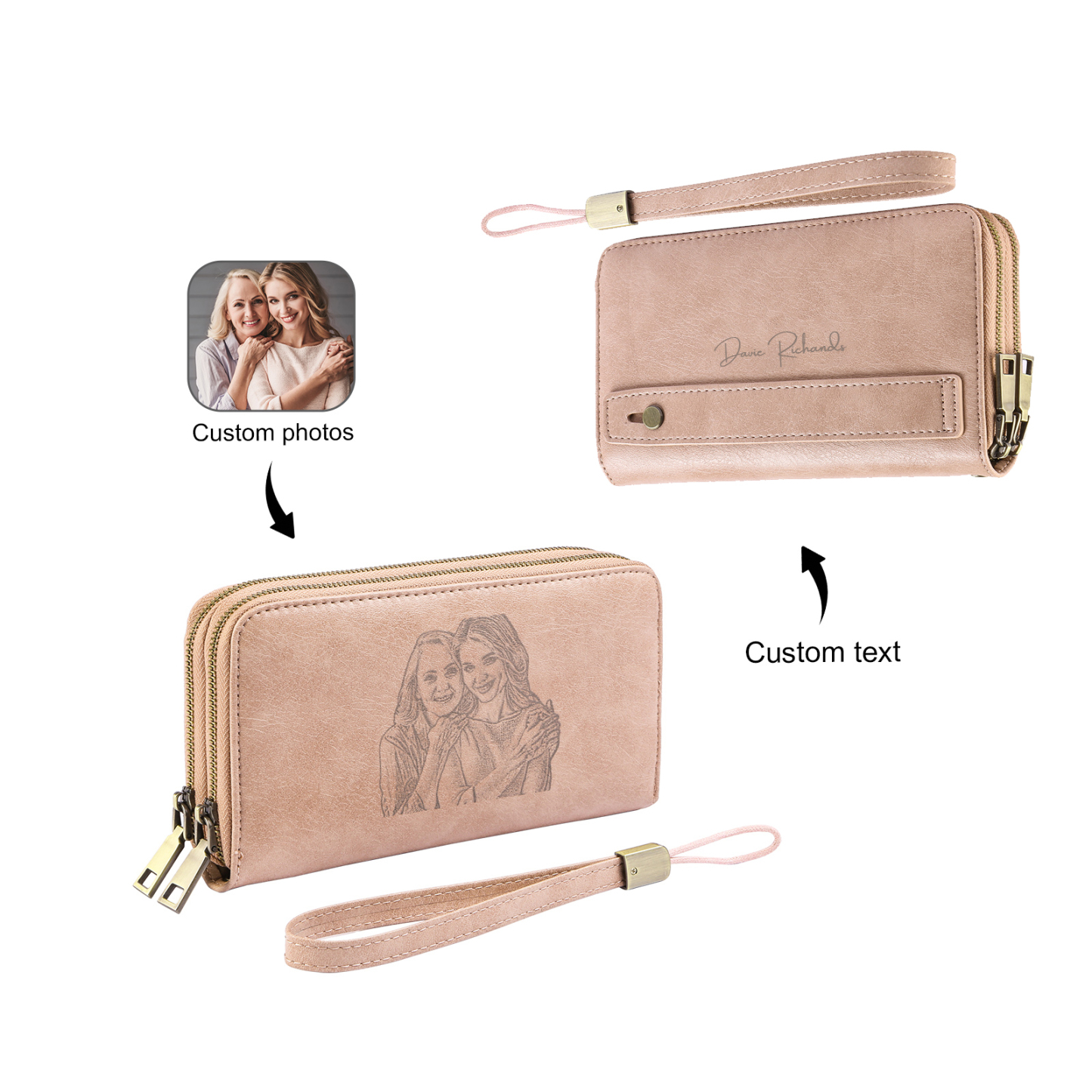 Personalised Women’s Wallet with Engraved Photo & Text – Large Capacity with Wrist Strap