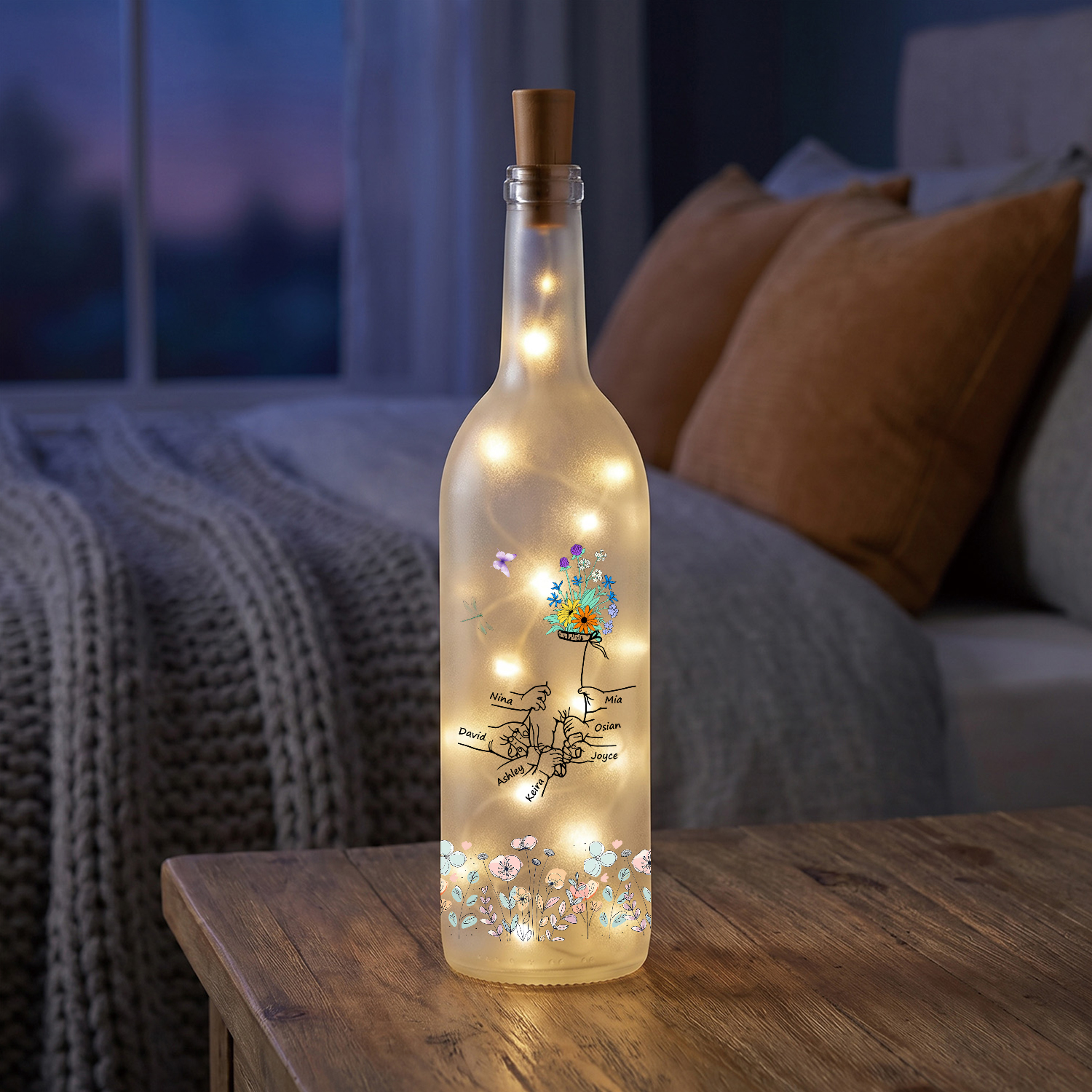 Personalized LED Bottle Light with 2-12 Custom Family Names and Floral Family Hands Design for Mum