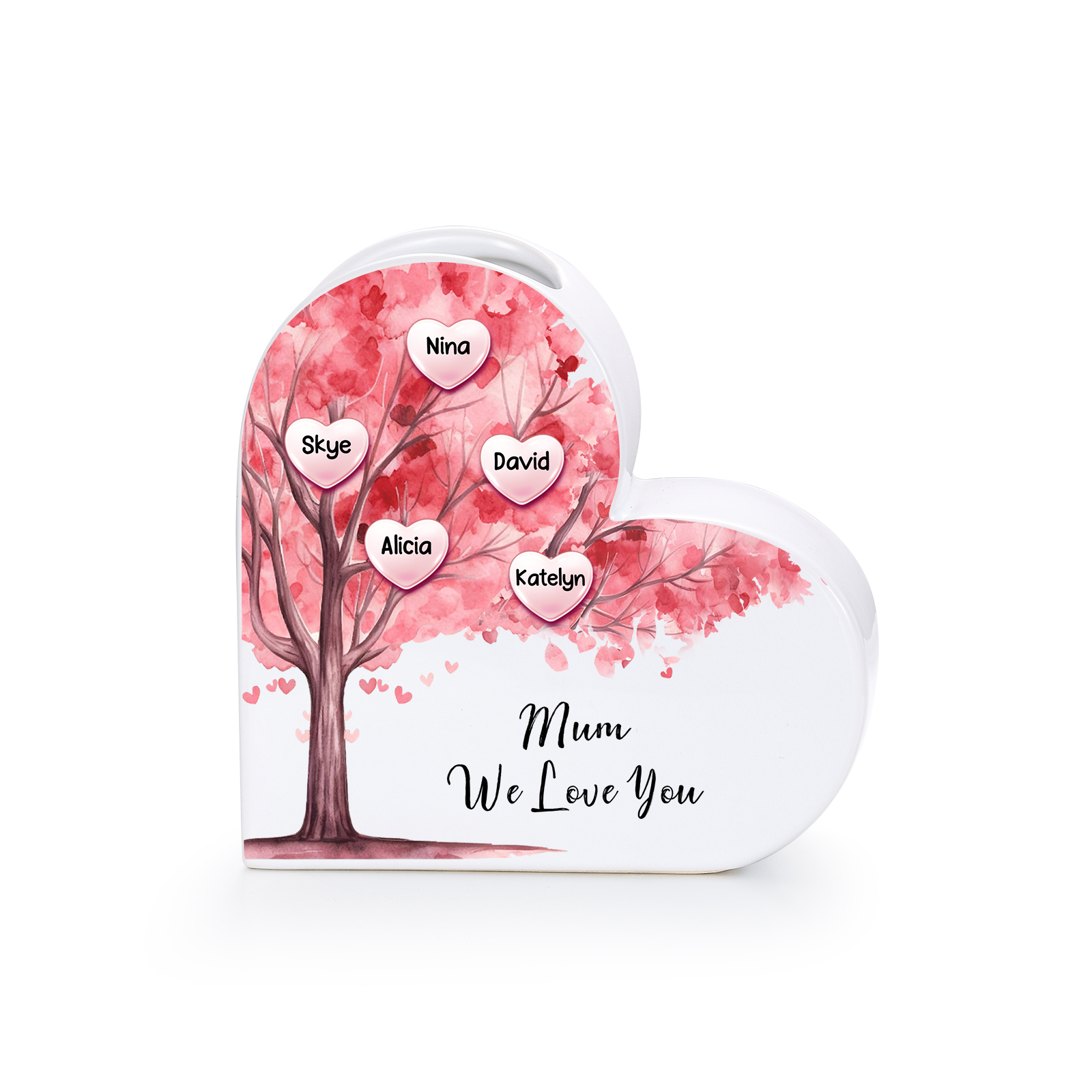 Personalised Ceramic Heart Vase with Family Tree Pattern, Customisable with 1 to 12 First Names