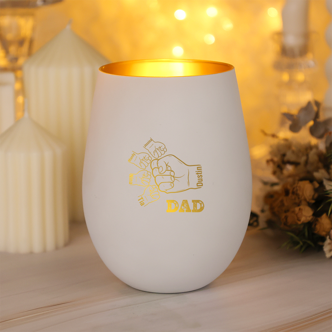 Personalised Glass Candle Holder with Fist Bump, Customisable with 1–8 Kids’ Names and Fists for Dad/Grandad