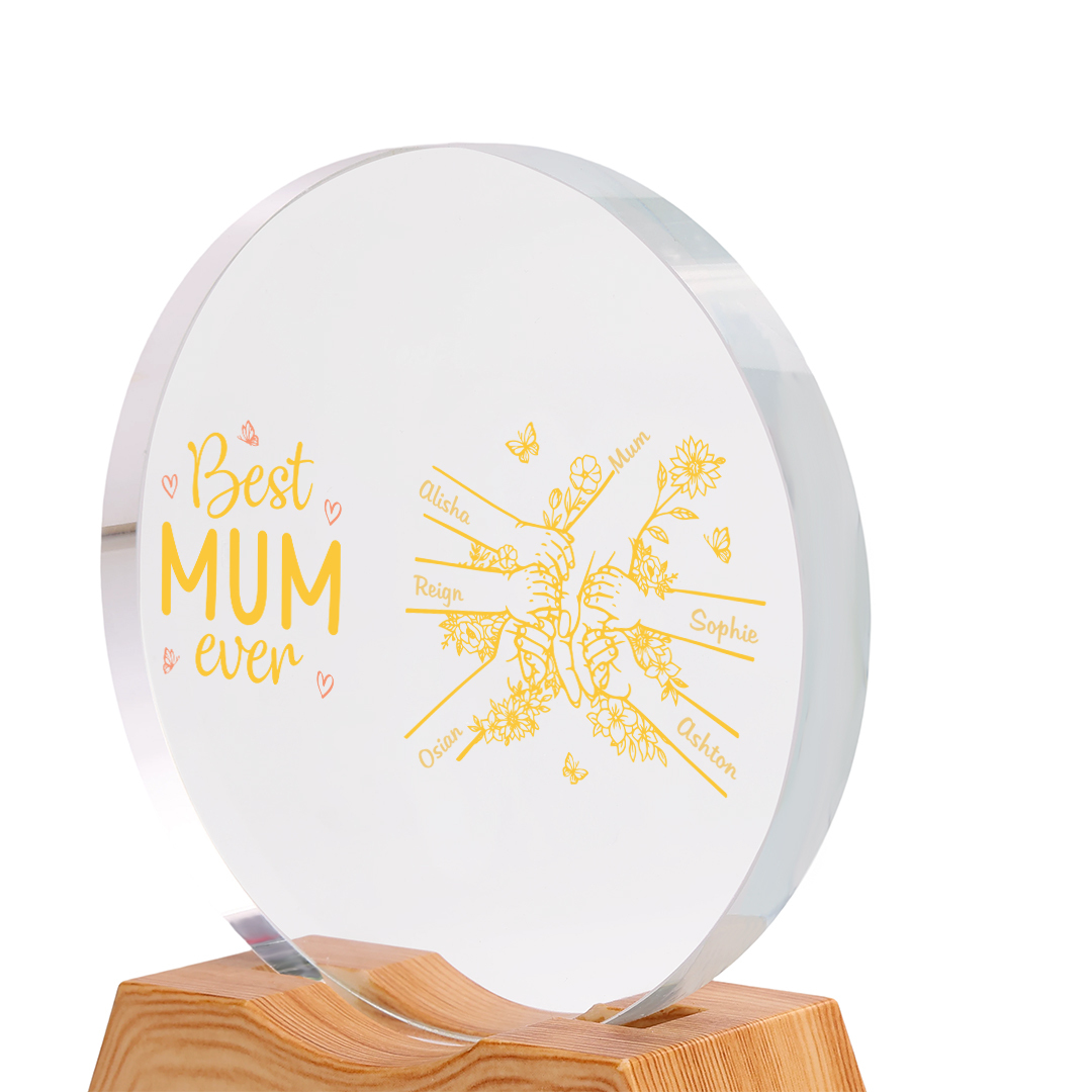 Personalised 2-7 Names Crystal LED Best Mum Ever Round Night Light