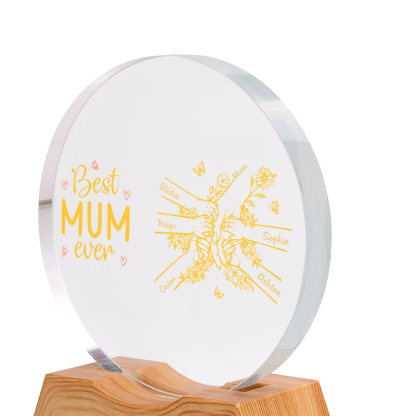 Personalised 2-7 Names Crystal LED Best Mum Ever Round Night Light