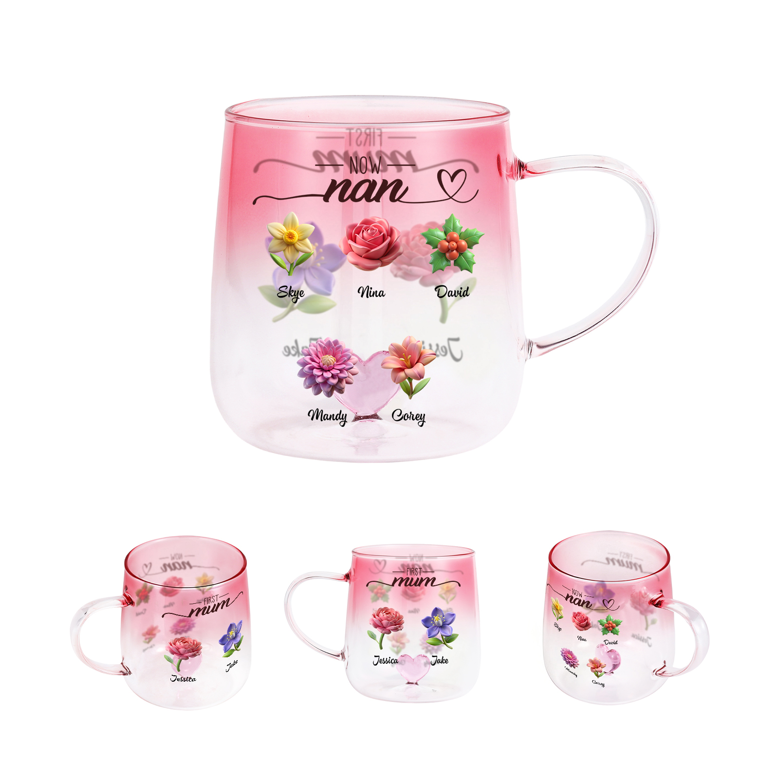 Pink Gradient Glass Mug, Personalised Flowers and Names