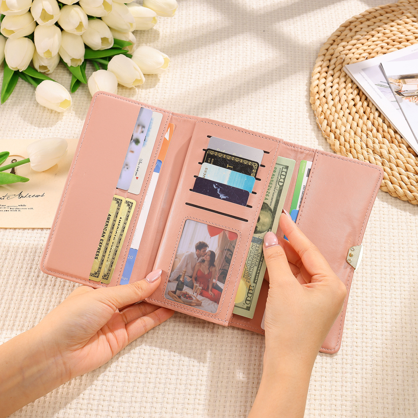 Personalised Long Women’s Leather Wallet with Birth Flower and Name