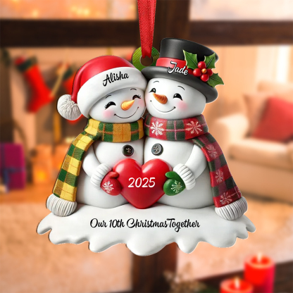 Customisable Heart Snowman Couple Christmas Tree Decoration