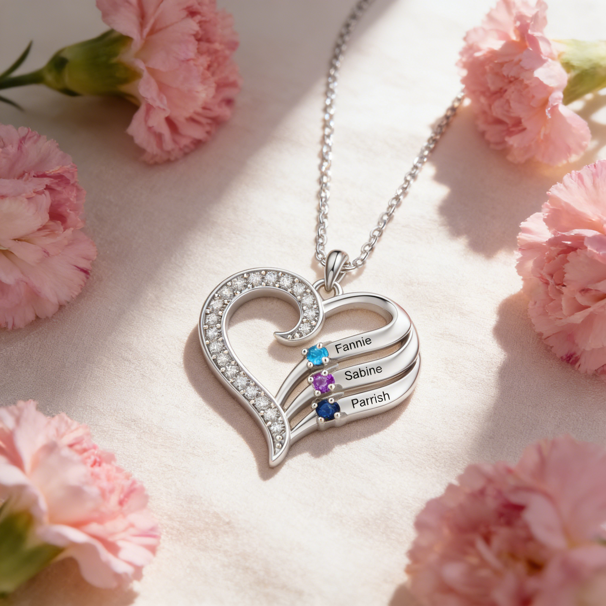 Personalised Heart Necklace with Birthstones, Customised with 2–4 Family Names