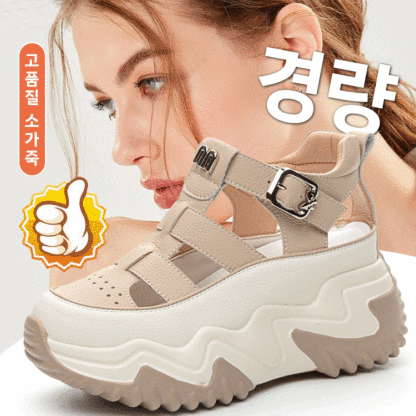 [8CM 키높이]메쉬 통굽 벨크로 샌들 여성용