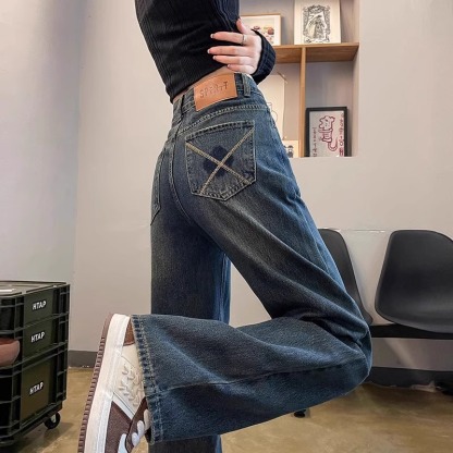 봄 여성용 하이웨스트 슬림핏 와이드 데님 팬츠