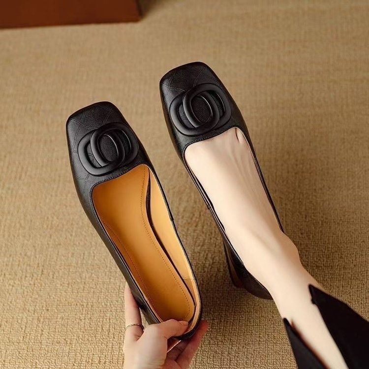 부드러운 가죽 스퀘어토 로우컷 굽 여성 단화