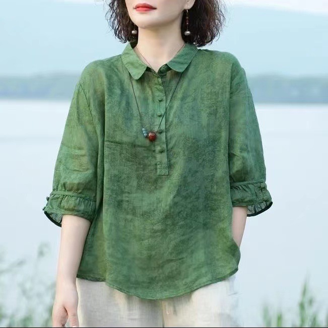 여성 벌룬 소매 면마 블라우스