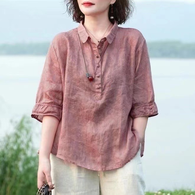 여성 벌룬 소매 면마 블라우스
