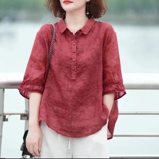 여성 벌룬 소매 면마 블라우스