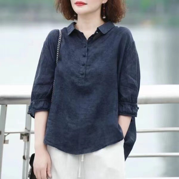여성 벌룬 소매 면마 블라우스