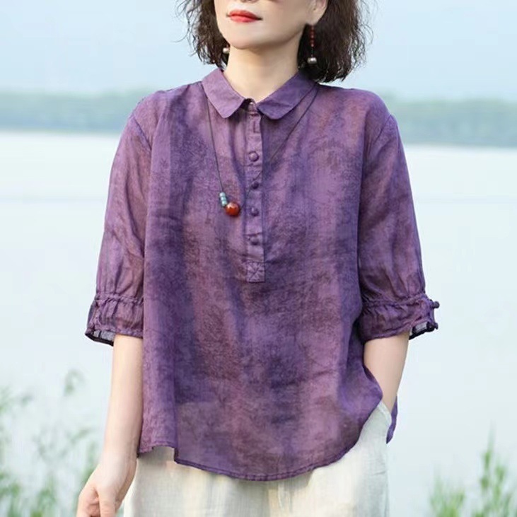 여성 벌룬 소매 면마 블라우스