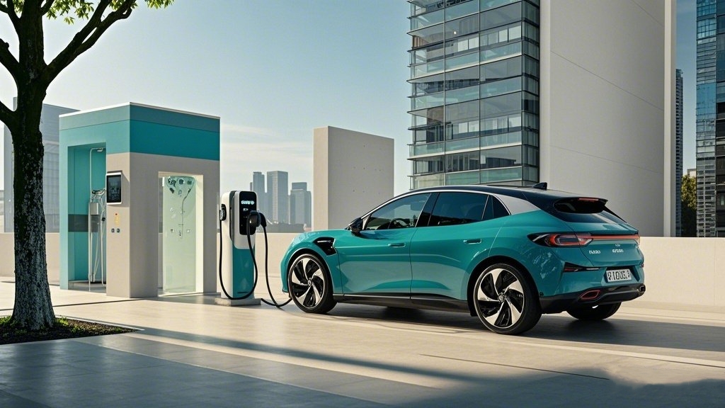 A teal electric SUV charging at a modern fast-charging station in an urban setting.