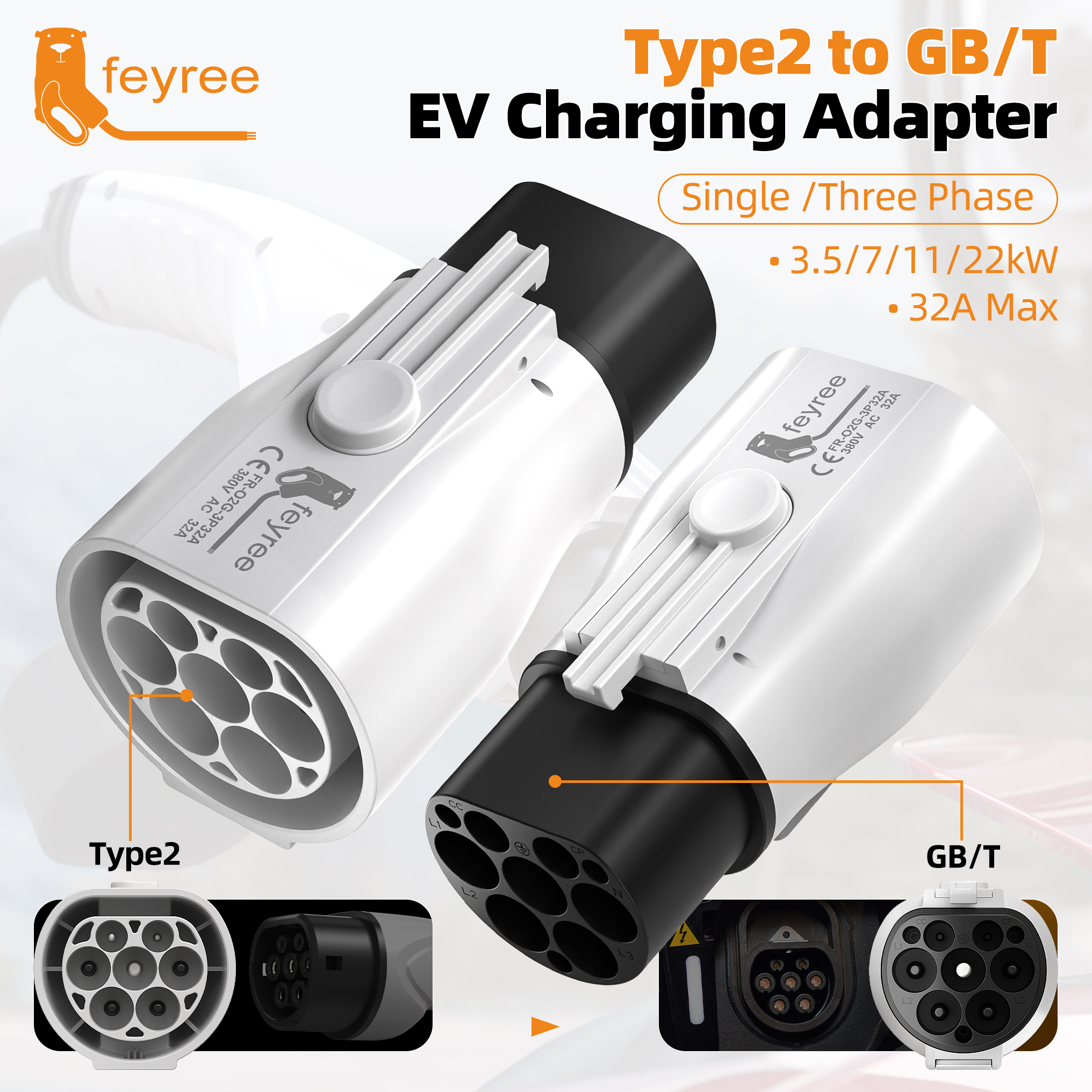 Feyree Type2 to GB/T Adapter 7KW 22KW Type 2 IEC 62196-2 to GB/T Converter for China Standard Electric Vehicle Charging EV Connector 16A 32A