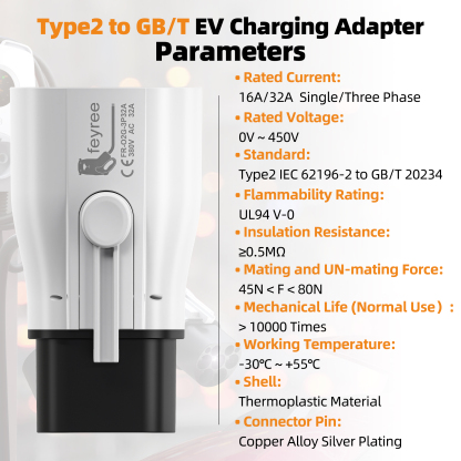 Feyree Type2 to GB/T Adapter 7KW 22KW Type 2 IEC 62196-2 to GB/T Converter for China Standard Electric Vehicle Charging EV Connector 16A 32A