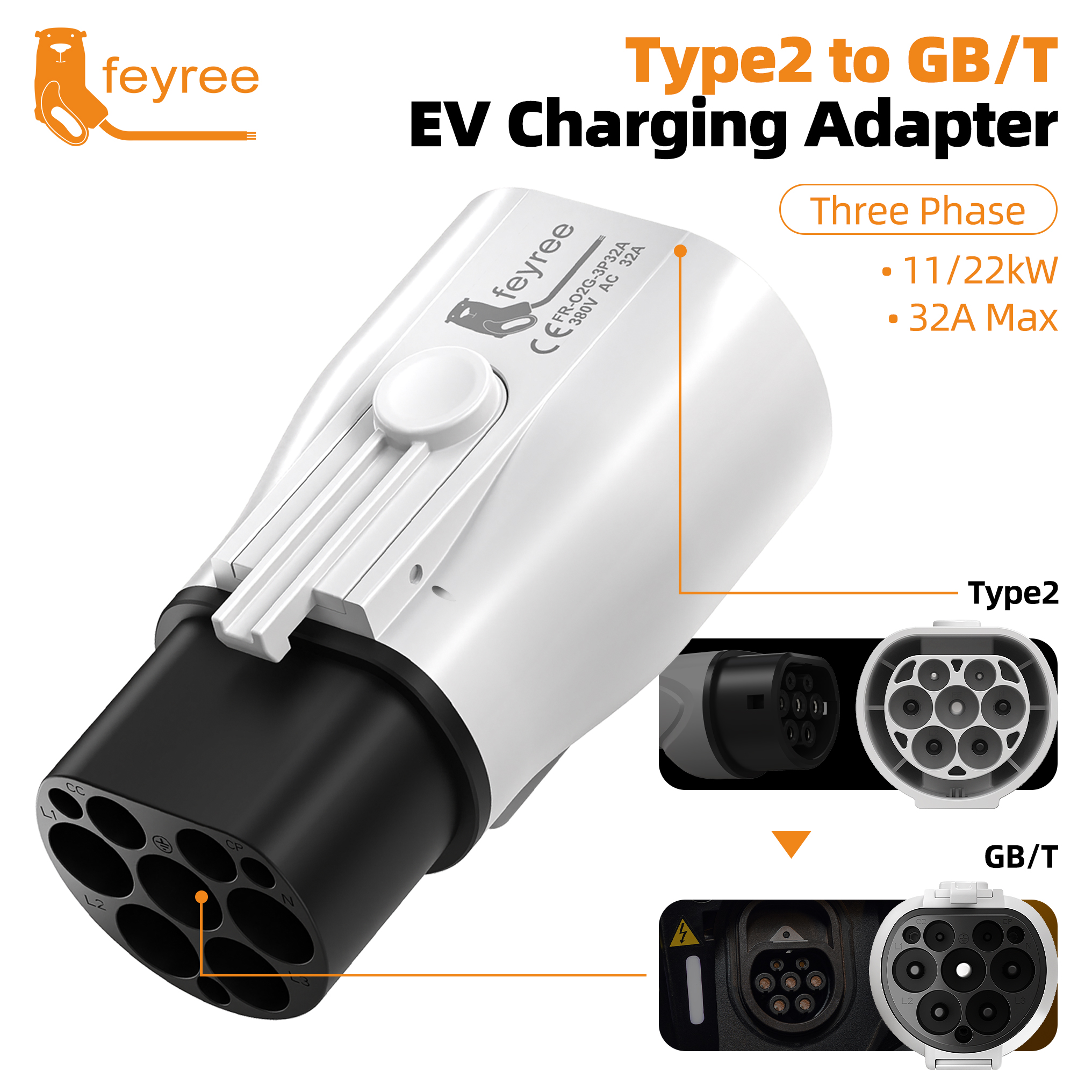 Feyree Type2 to GB/T Adapter 7KW 22KW Type 2 IEC 62196-2 to GB/T Converter for China Standard Electric Vehicle Charging EV Connector 16A 32A