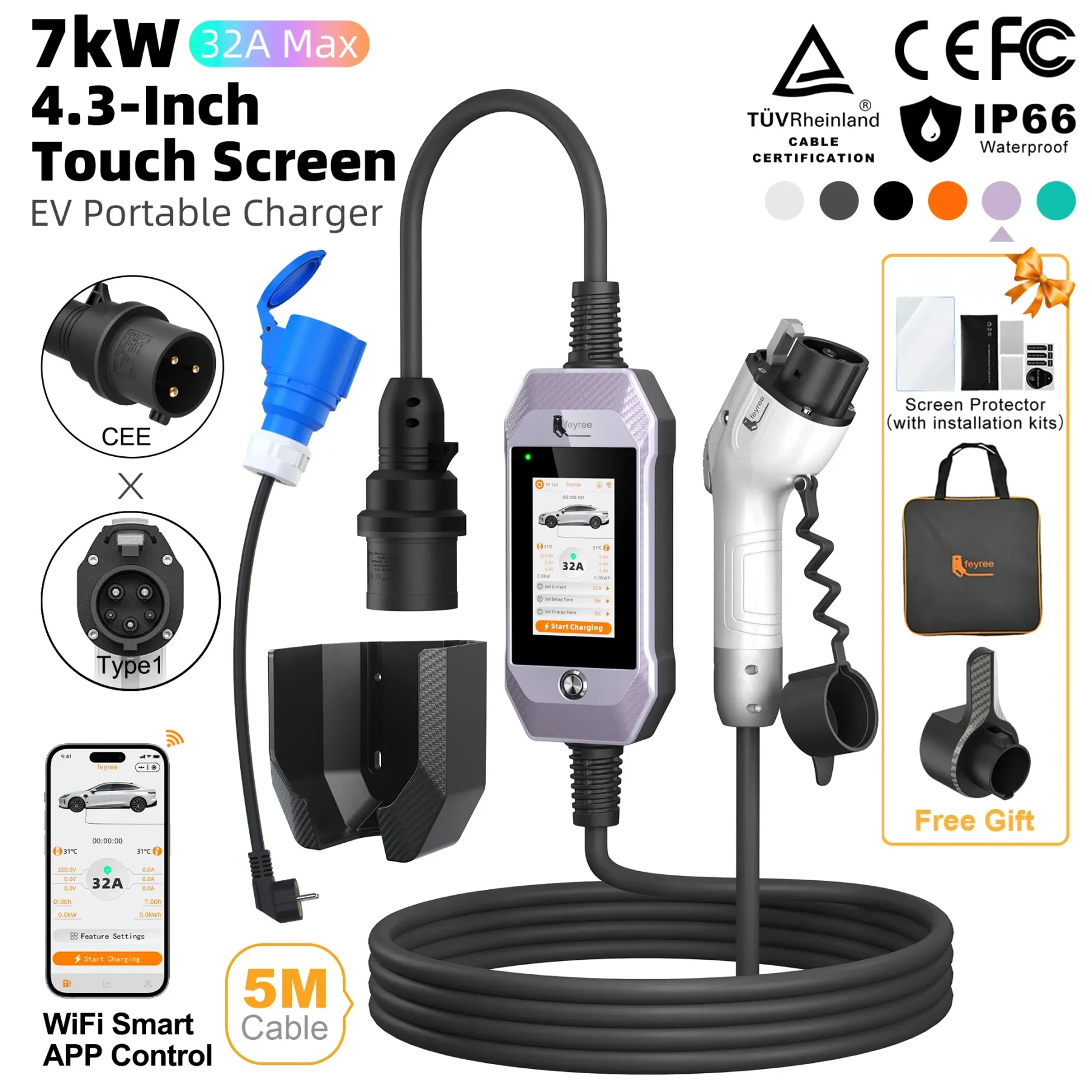 feyree 4.3'' TouchScreen  7kW Type1 Charger Portable EV Charger 