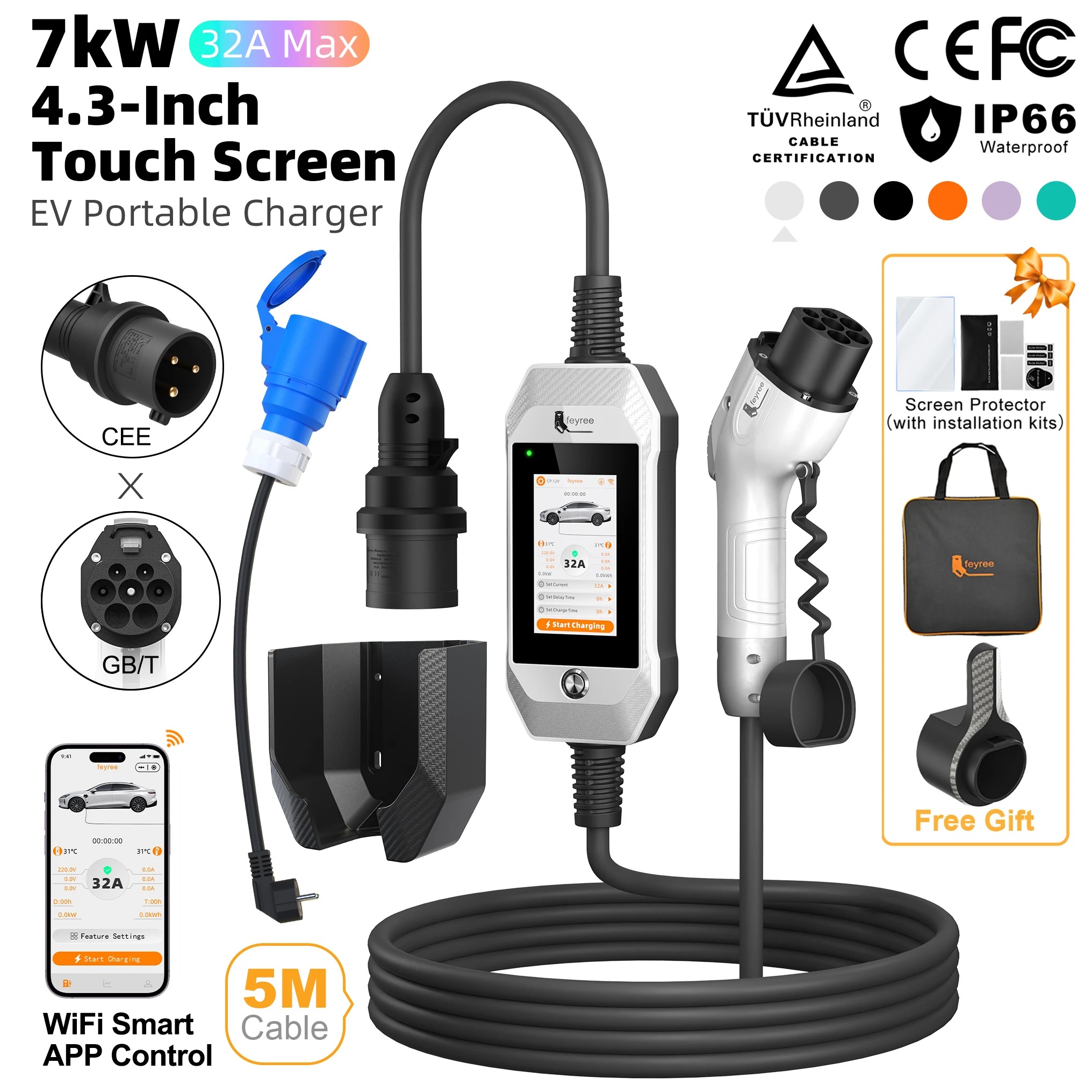 feyree GB/T EV Charger 7kW 32A 1P Touch Screen 4.3inch Smart WIFI APP Control EVSE Portable Charging Box forElectric Car Charger