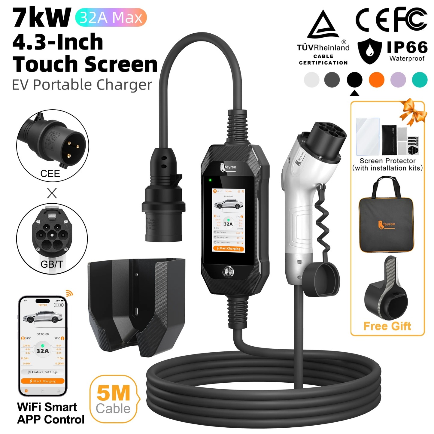 feyree GB/T EV Charger 7kW 32A 1P Touch Screen 4.3inch Smart WIFI APP Control EVSE Portable Charging Box forElectric Car Charger