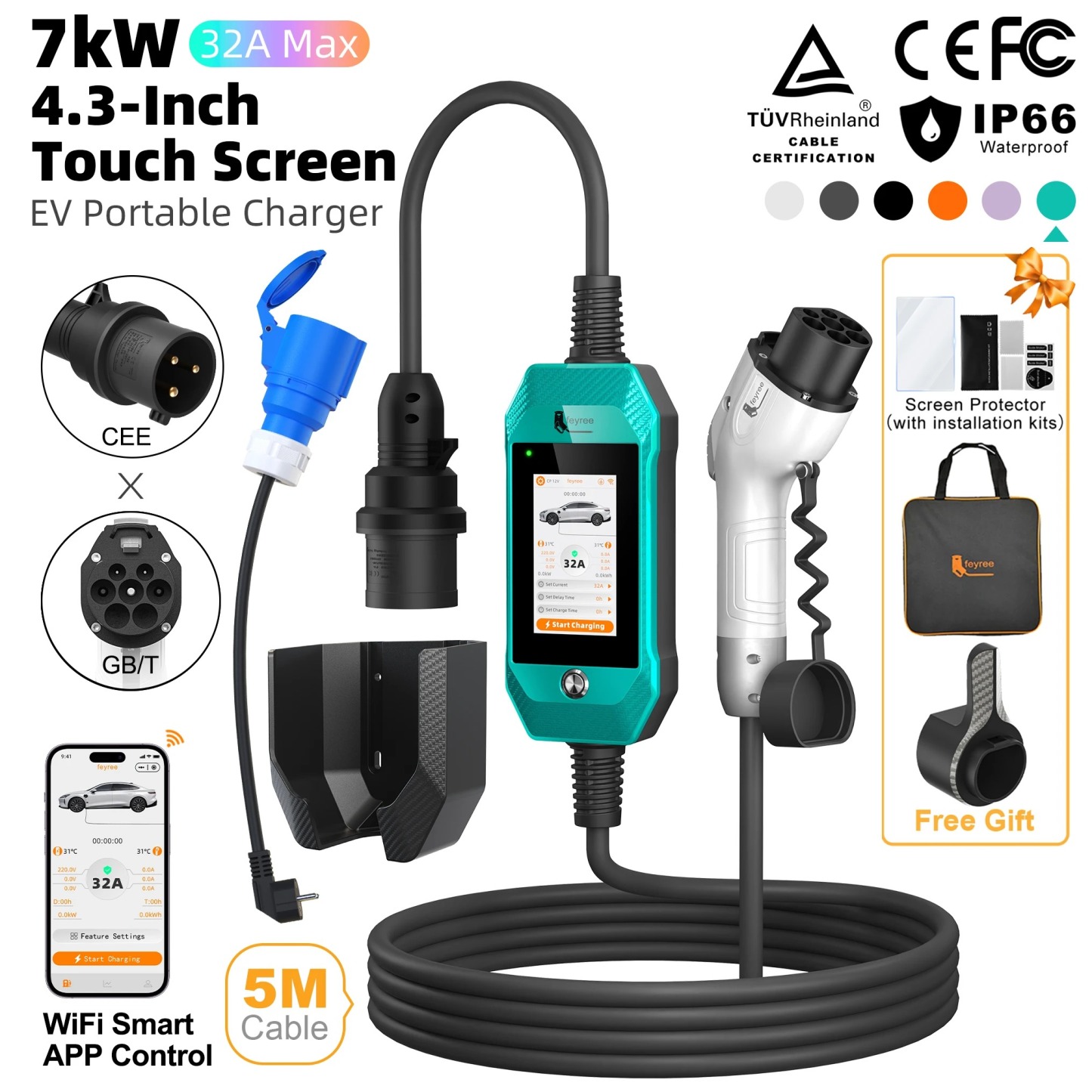 feyree GB/T EV Charger 7kW 32A 1P Touch Screen 4.3inch Smart WIFI APP Control EVSE Portable Charging Box forElectric Car Charger