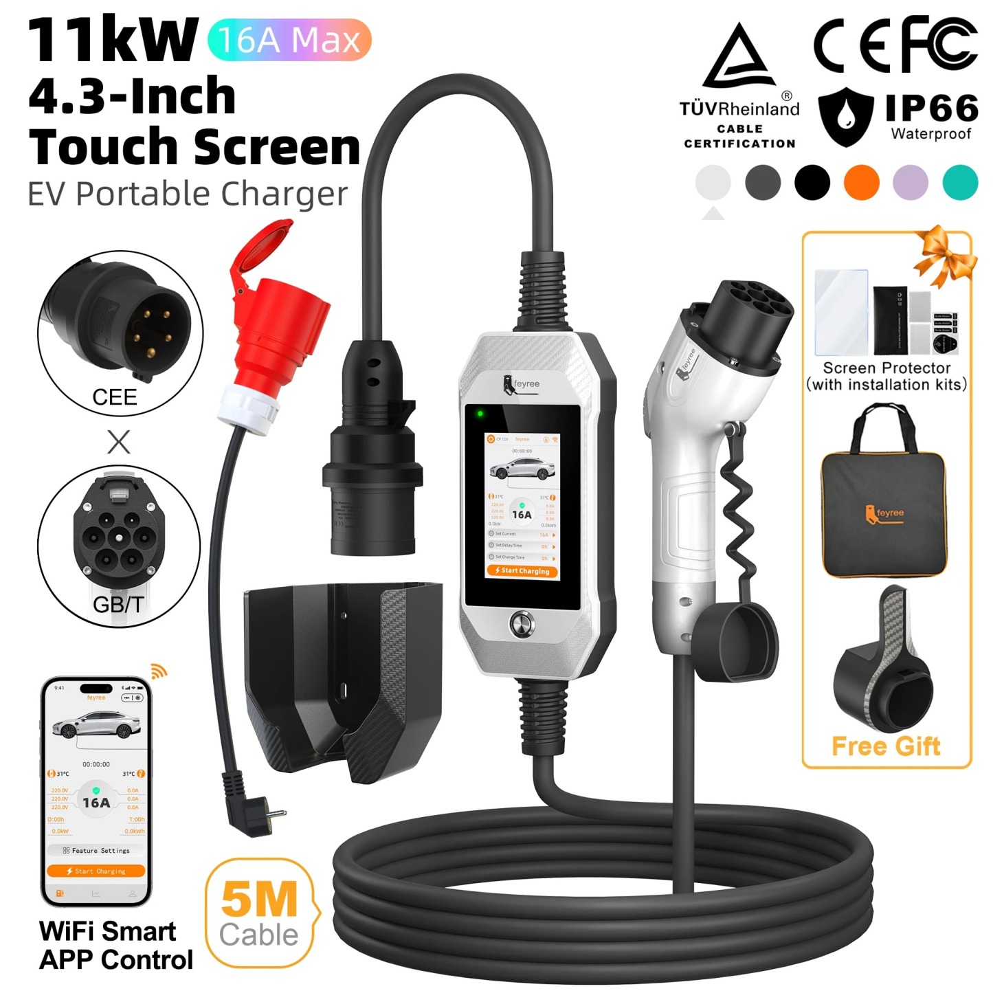 feyree EV Charger GB/T 11kW 16A 3P Car Charger 4.3inch TouchScreen Smart WIFI APP Control EVSE Charging Box with 6 Colors Option