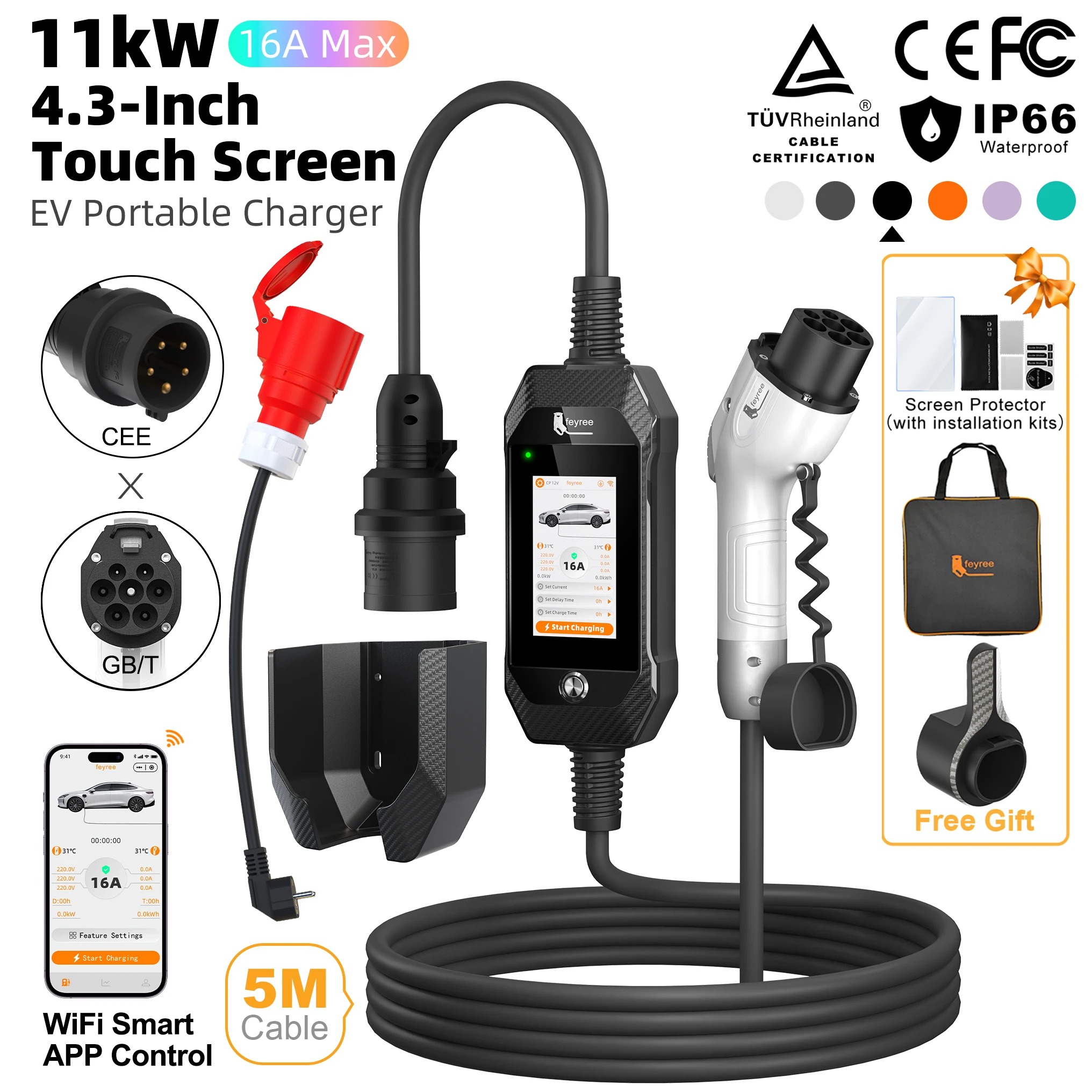 feyree EV Charger GB/T 11kW 16A 3P Car Charger 4.3inch TouchScreen Smart WIFI APP Control EVSE Charging Box with 6 Colors Option