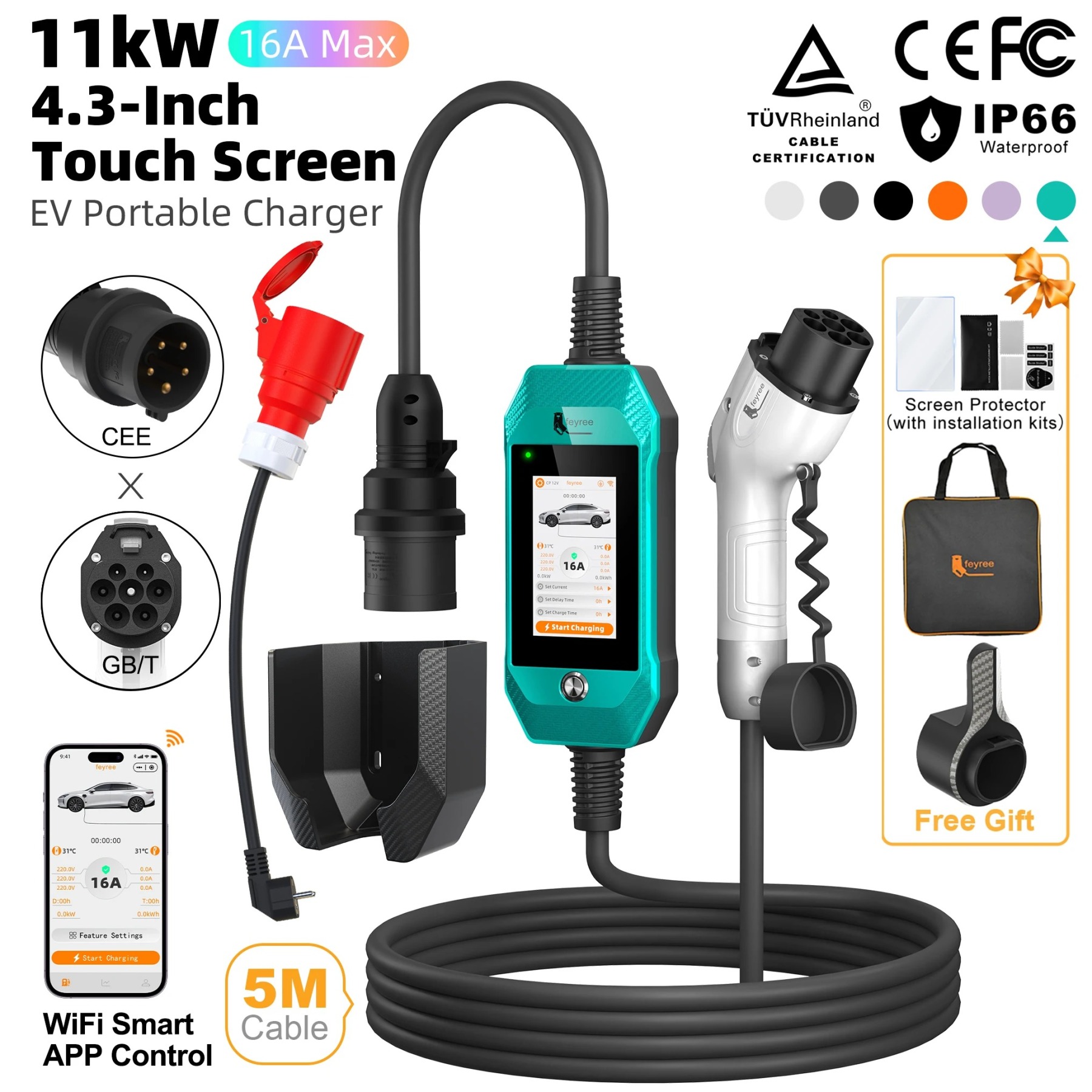 feyree EV Charger GB/T 11kW 16A 3P Car Charger 4.3inch TouchScreen Smart WIFI APP Control EVSE Charging Box with 6 Colors Option