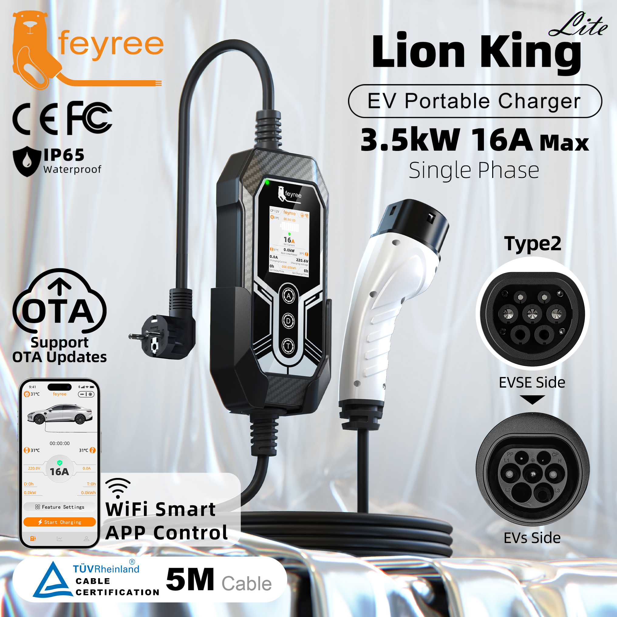 feyree 3.5kW Type 2 EV Charger High Security Smart Temperature Control with Remote APP OTA Upgrade and Real-time Charging Log