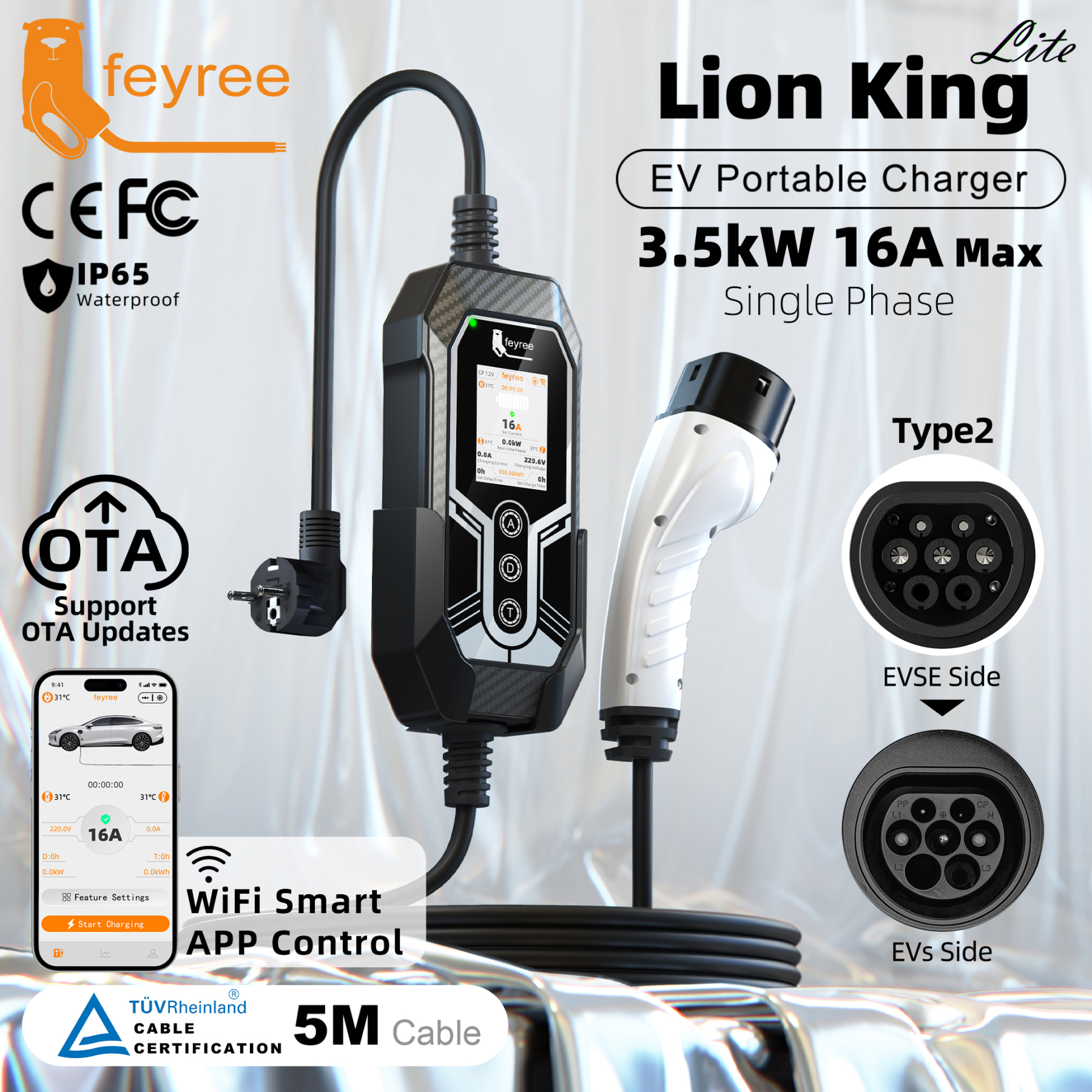 feyree 3.5kW Type 2 EV Charger High Security Smart Temperature Control with Remote APP OTA Upgrade and Real-time Charging Log