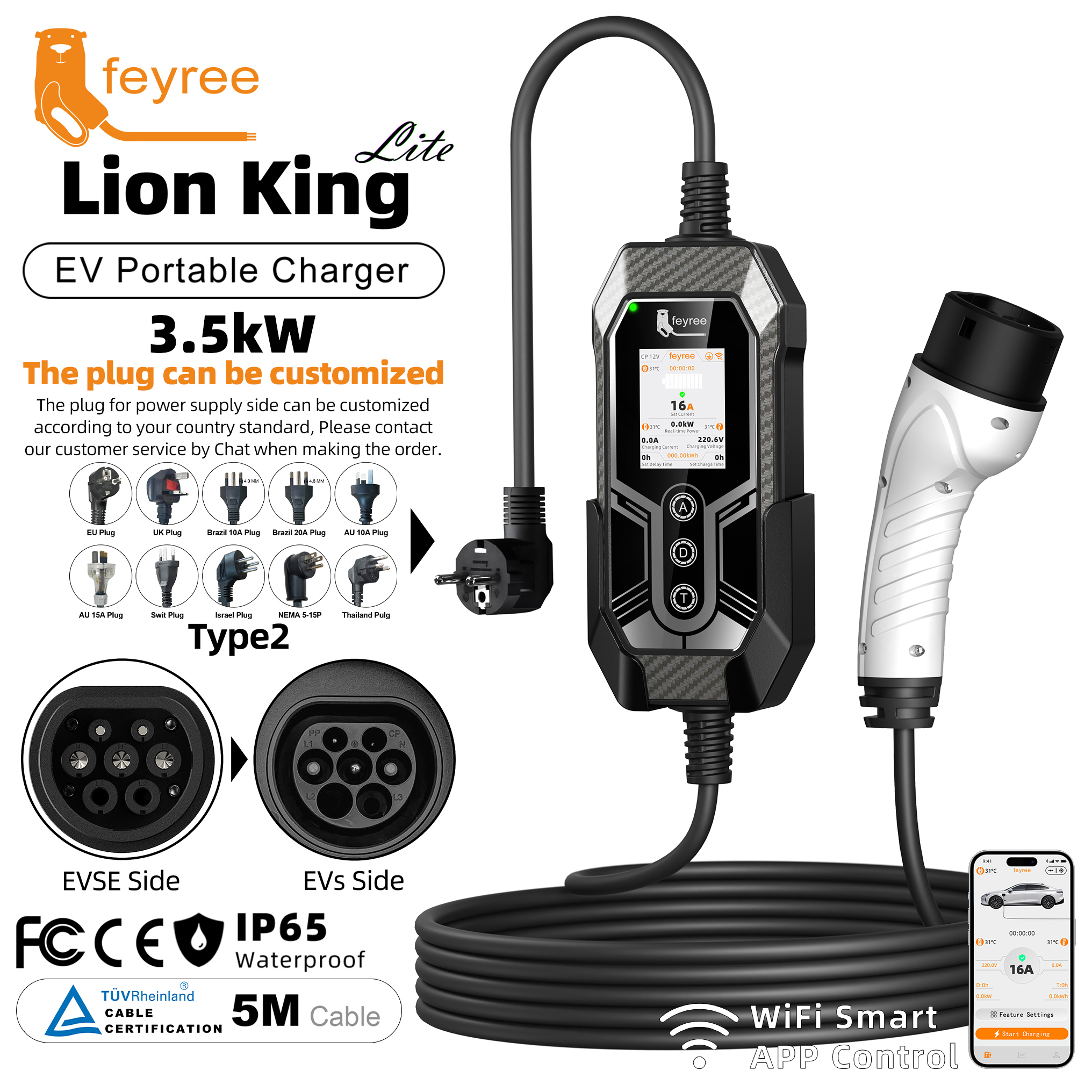 feyree 3.5kW Type 2 EV Charger High Security Smart Temperature Control with Remote APP OTA Upgrade and Real-time Charging Log