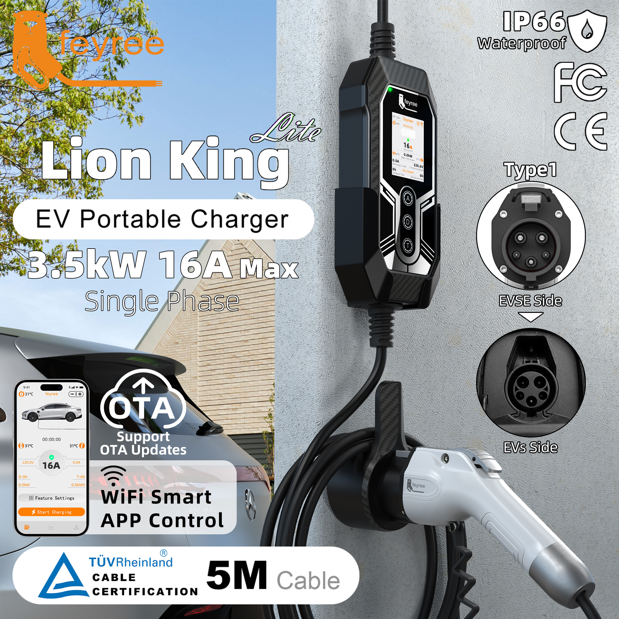 feyree Type 1 Portable EV Charger 16A 3.5kW AC 2.8 inch LCD WiFi Smart APP Remote Control Charge Log OTA Upgrade EVSE