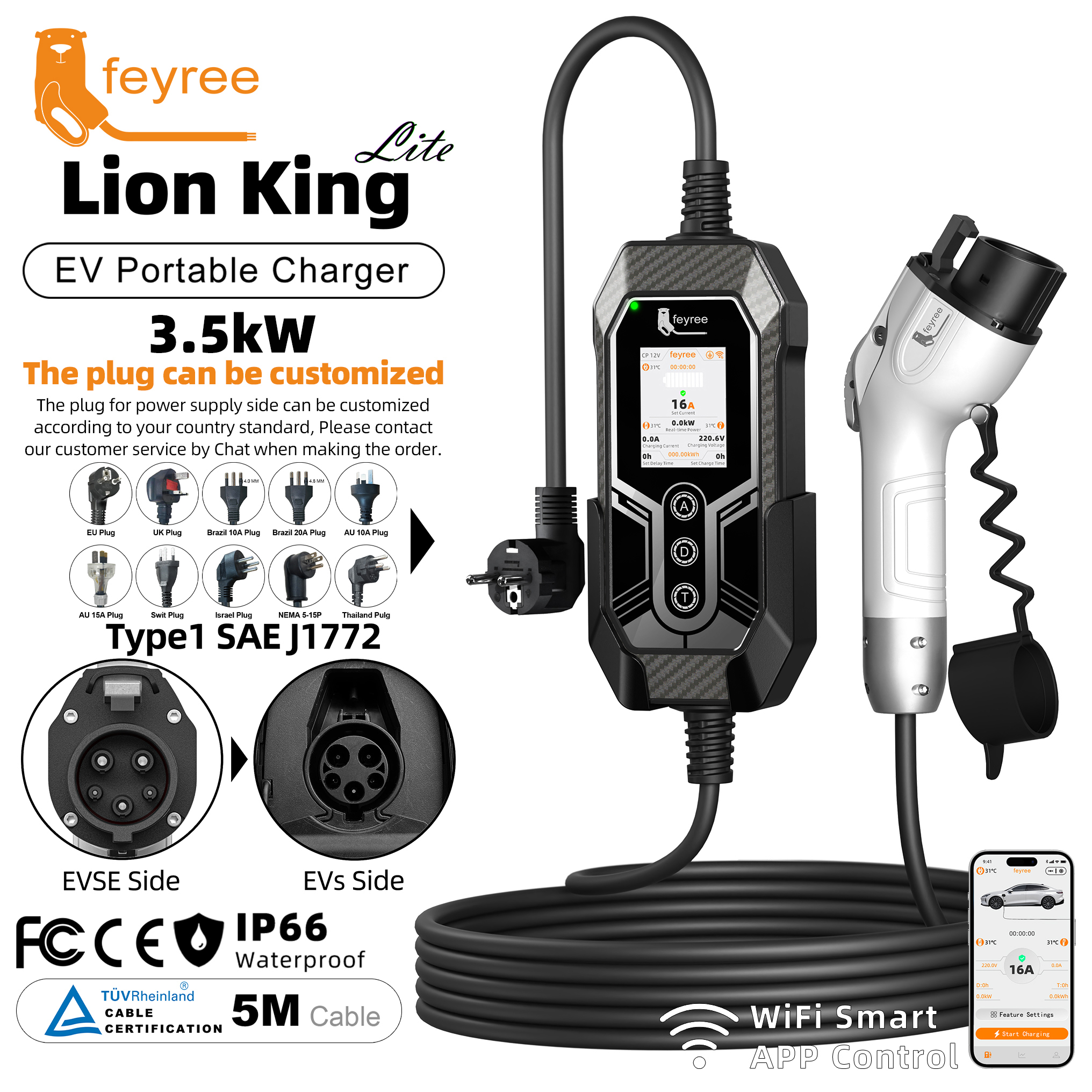 feyree Type 1 Portable EV Charger 16A 3.5kW AC 2.8 inch LCD WiFi Smart APP Remote Control Charge Log OTA Upgrade EVSE