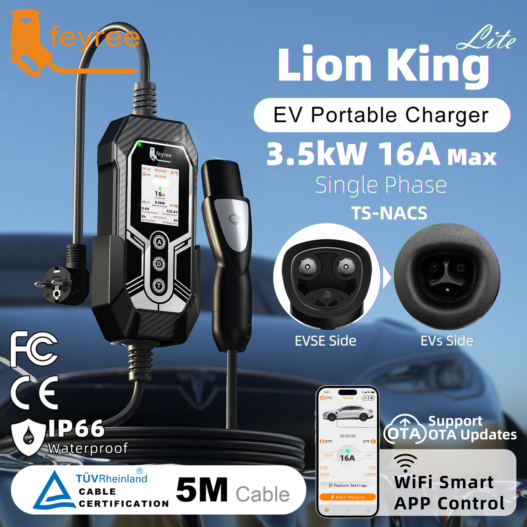 Feyree TS-NACS EV Charger 16A 3.5KW APP Control&OTA Upgrade&Charging Log EVSE Portable Charger for Tesla Car Models 3/Y/S/X