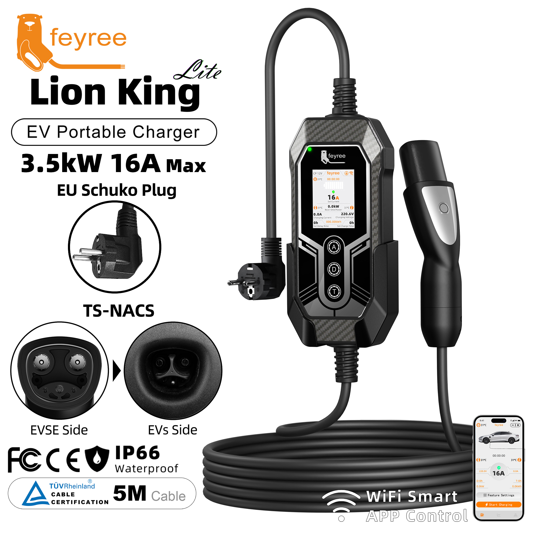 Feyree TS-NACS EV Charger 16A 3.5KW APP Control&OTA Upgrade&Charging Log EVSE Portable Charger for Tesla Car Models 3/Y/S/X