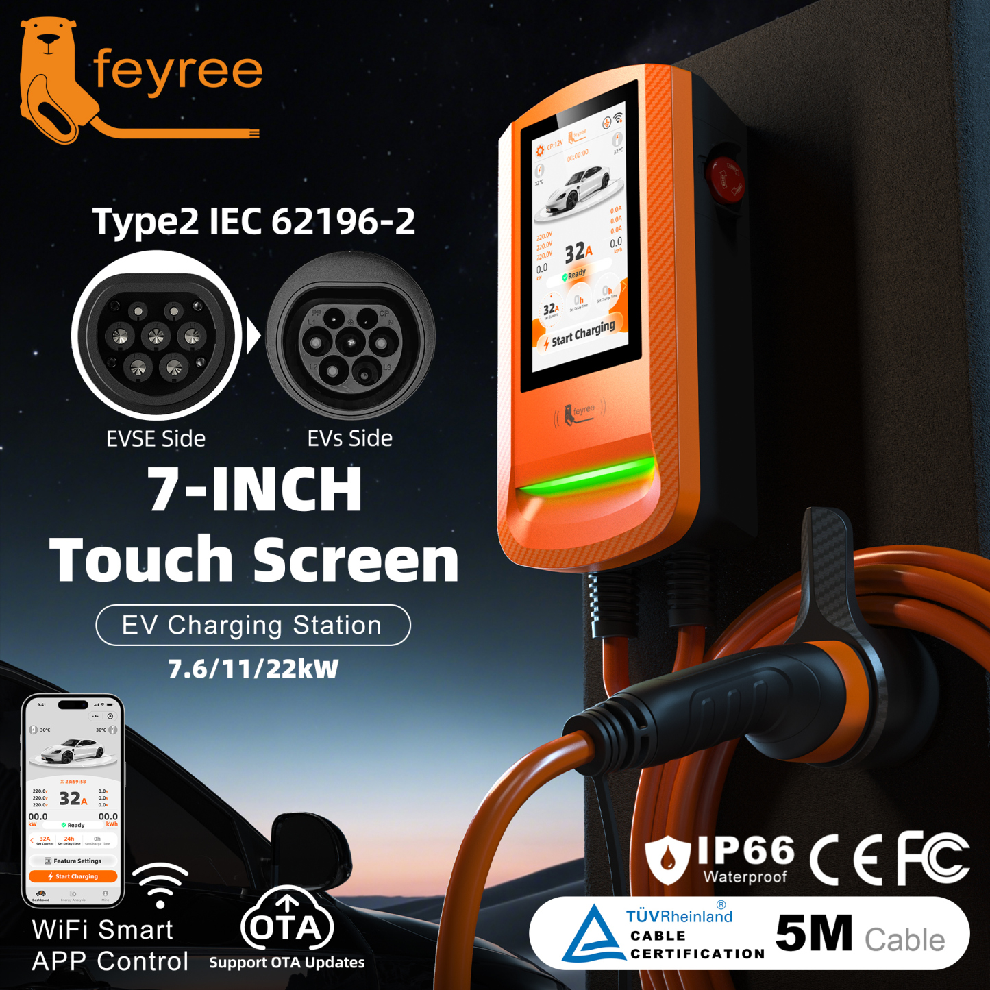 feyree Type 2 EV Charger 7 inch Touch Screen Wallbox with Charging History OTA Upgrade Safety Exclusive Home Charging Station