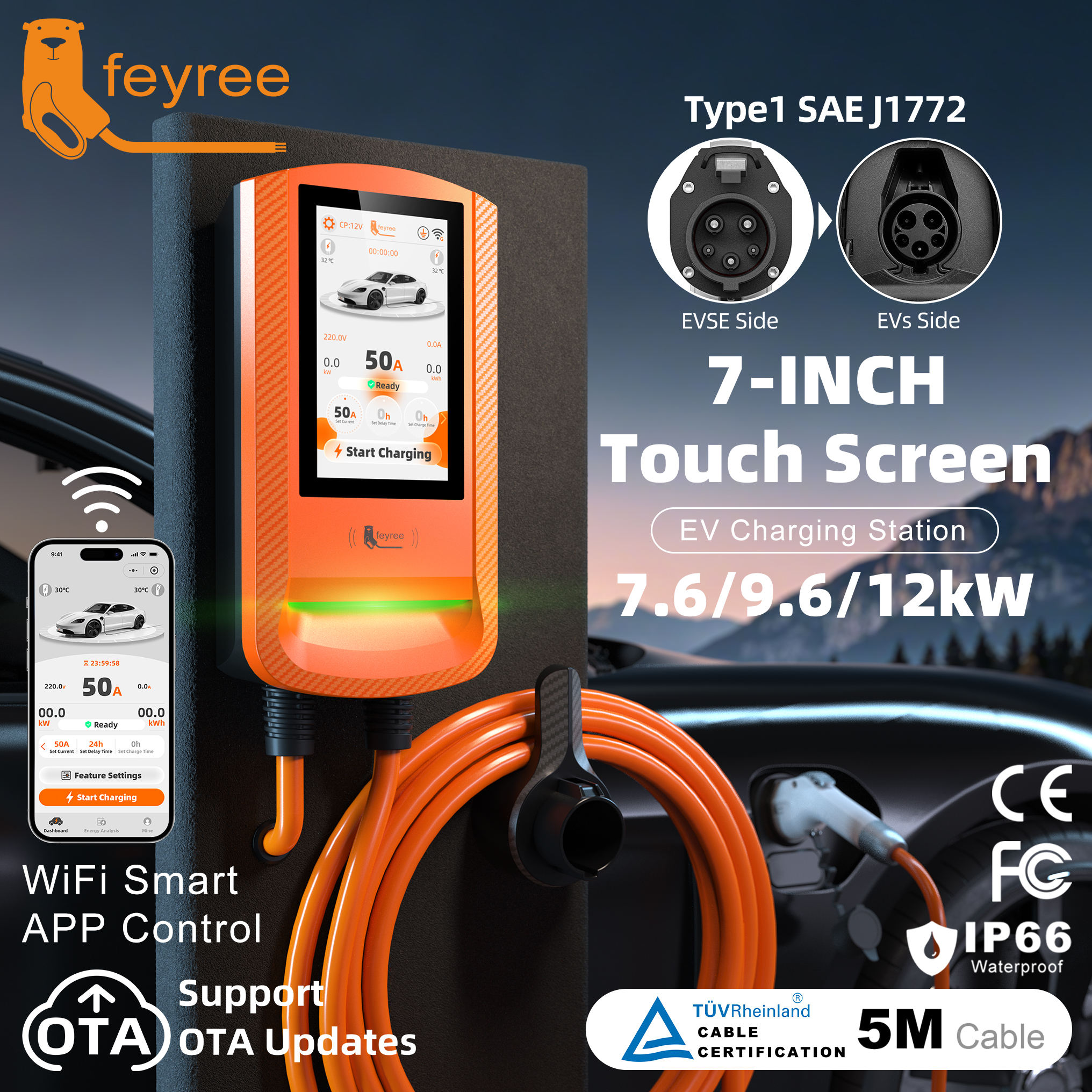 Feyree 7 inch Touch Screen Type 1 EV Charger Wallbox with Screen Lock Password Safety Exclusive RFID Protection and OTA Upgrade