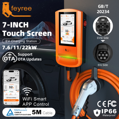 Feyree GBT EV Charger with 7-Inch Touch Screen Wallbox OTA Upgrade Smart APP Charging History & Safety for Exclusive Home Use