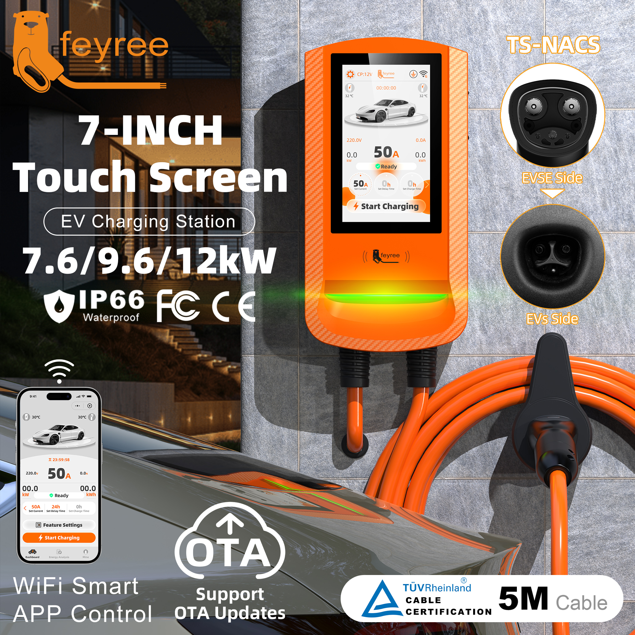 feyree NACS Wallbox EV Charger Smart APP Control Charging History Record OTA Upgrade Safety Exclusive Home Charging Station