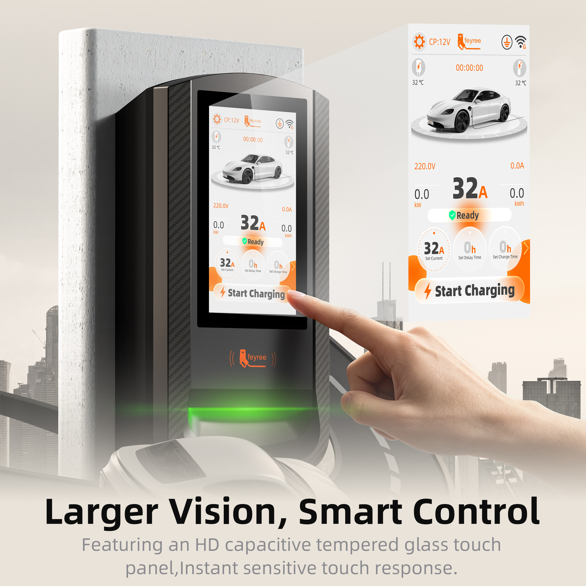 feyree Tesla 7.6/9.6/12kW EV Charger Wallbox 7Inch Touch Smart APP Control OTA Upgrade Charging Log Home EV Charging Station