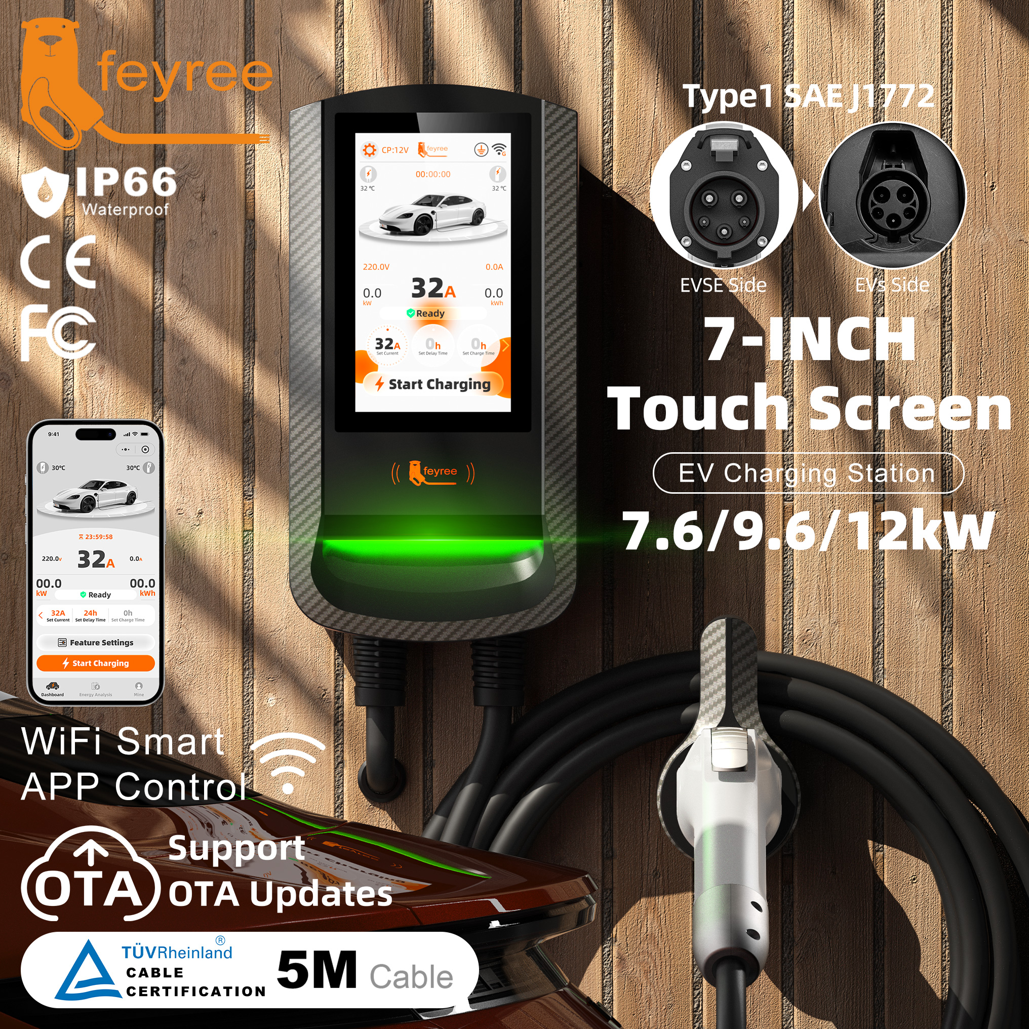 feyree Type1 EV Wallbox RFID Card Authorization 7.6kW 7Inch Touch Screen APP Control OTA Upgrade Charging Log 12kW Car Charger