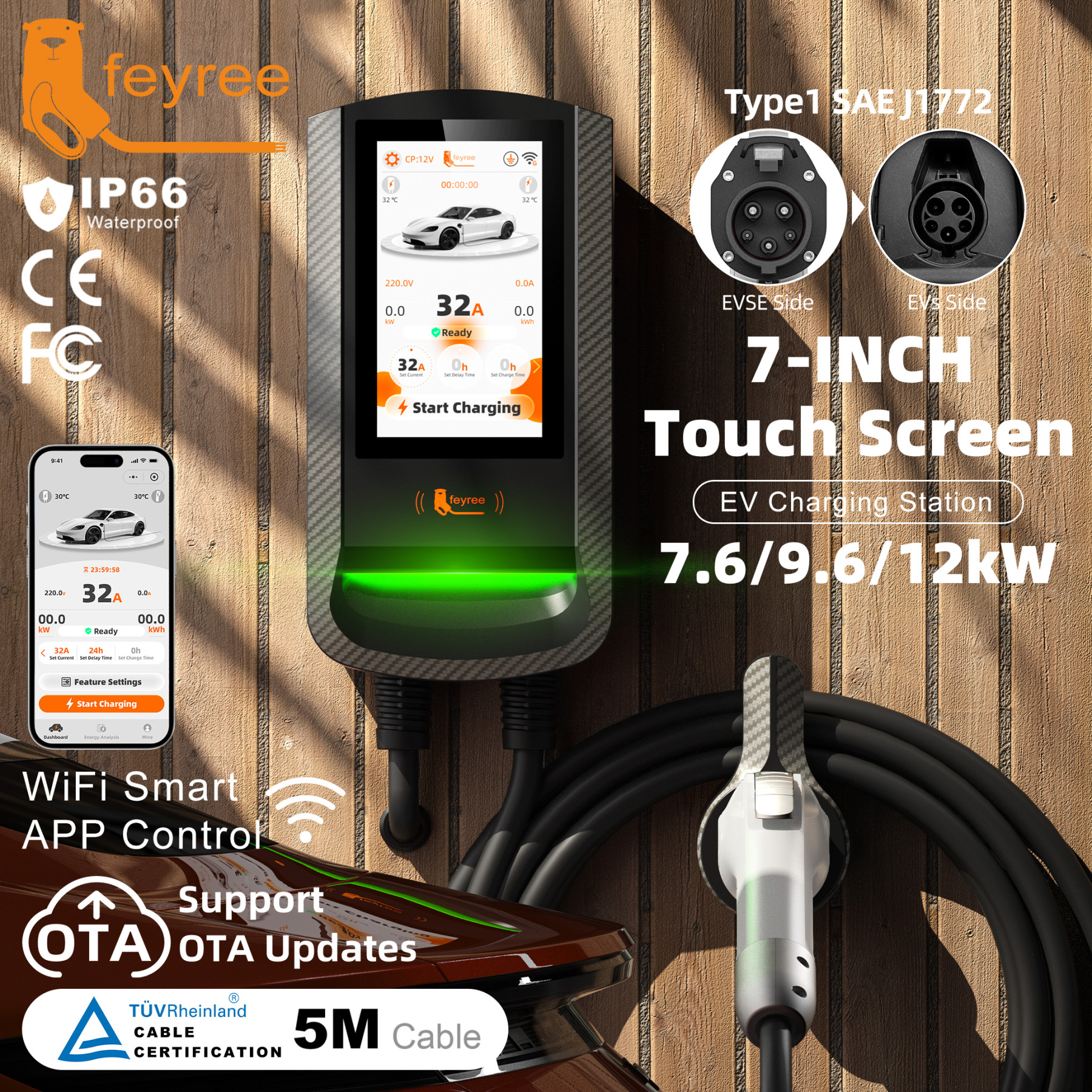feyree Type1 EV Wallbox RFID Card Authorization 7.6kW 7Inch Touch Screen APP Control OTA Upgrade Charging Log 12kW Car Charger